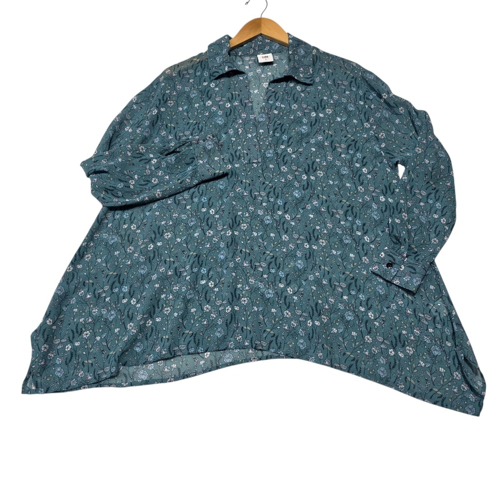 Cabi Top Blouse Womens S Teal Blue Floral V-Neck Long Sleeve Hi-Low Chiffon 3761